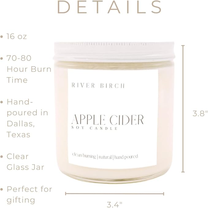River Birch Candles Apple Cider Scented Candle | Premium, All-Natural, Non-Toxic, Soy Candles | 16oz 90 Hr Burn Time | Cozy Relaxing Gifts for Home