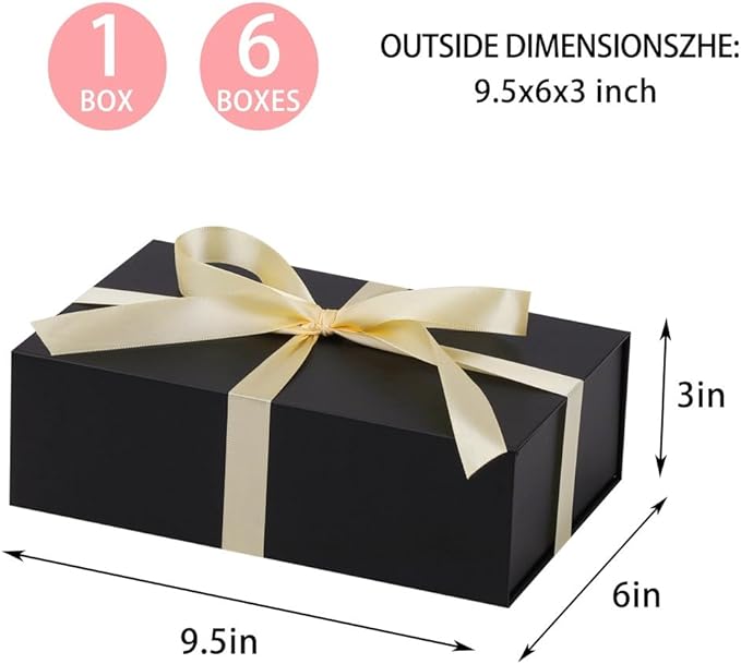 UoeRing 1 Pcs Black Gift Box 9.5x6x3 inch Small Luxury Gift Box for Presents with Magnetic Lid Collapsible,Birthday,Christmas,Contains Card, Ribbon, Tissue Paper,Shredded Paper Fille