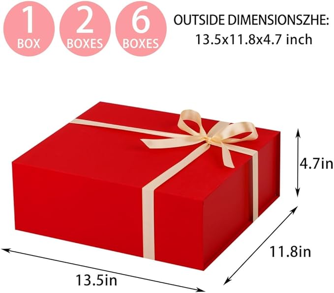 UoeRing 6 Pack Red Gift Box Large 13.5x11.8x4.7 inch Luxury Gift Box for Presents with Magnetic Closure Lid Collapsible,Birthday,Christmas,Contains Card, Ribbon, Tissue Paper,Shredded Paper Filler