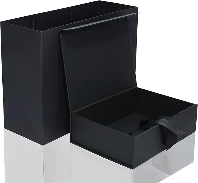 Large Black Luxury Magnetic Gift Box with Lid, Ribbons and Gift Bag, 12.2x8.7x4 Inches, Great for Christmas, New Year, Wedding, Birthdays, Man