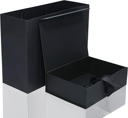 Large Black Luxury Magnetic Gift Box with Lid, Ribbons and Gift Bag, 12.2x8.7x4 Inches, Great for Christmas, New Year, Wedding, Birthdays, Man