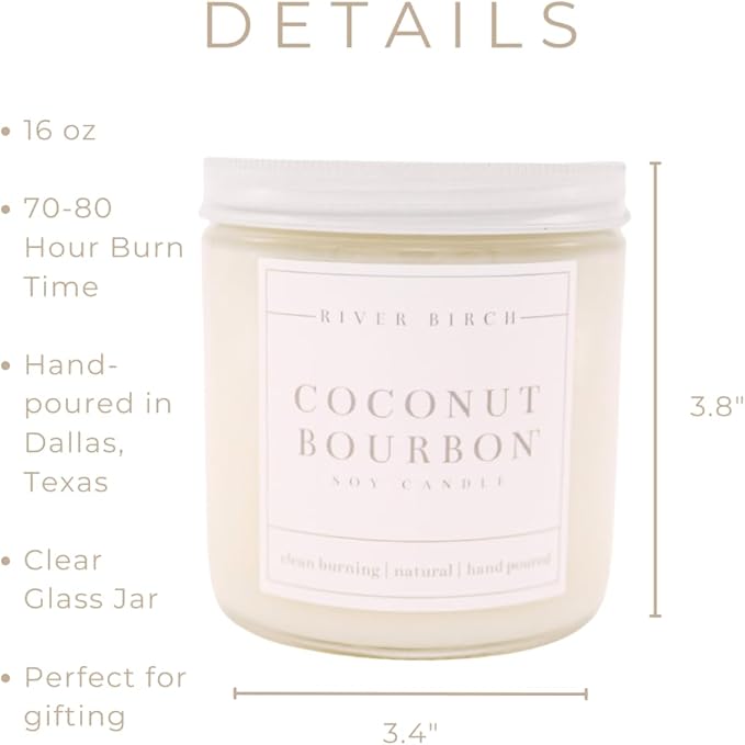 River Birch Candles Coconut Bourbon Scented Candle | Premium, All-Natural, Non-Toxic, Soy Candles | 16oz 90 Hr Burn Time | Cozy Relaxing Gifts for Home