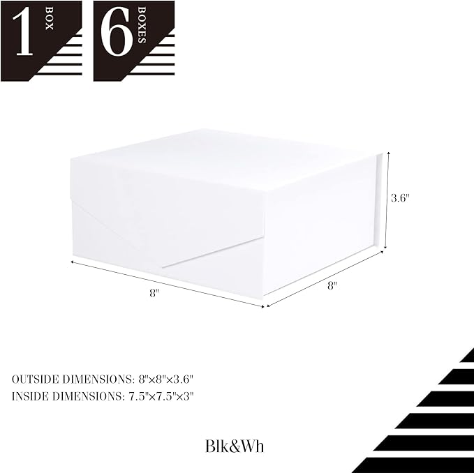 BLK&WH 6 Collapsible Gift Boxes with Magnetic Lids, 7.5x7.5x3 Inches, Bridesmaid Proposal Boxes, Matte White