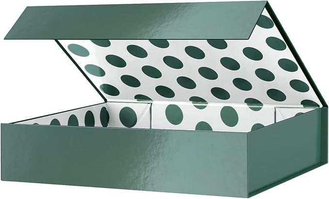 GREEN BEAN Gift Box 11x7.8x2.3 Inches, Green with Lid for Presents, Magnetic Closure Gift Box, Shirt for Clothes (Glossy Metallic Green, Polka Dot Design Inside)