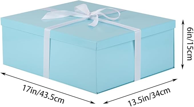 Extra Large Gift Box with Lid 17x13x6 Inches, Blue Gift Boxes for presents Packaging for Birthdays, Valentine's Day, Christmas, Anniversaries (Include Shredded Paper Fill, Envelope Card Ribbon)