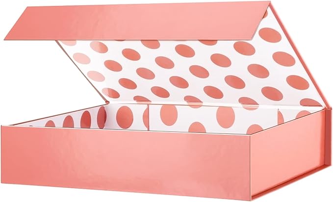 GREEN BEAN Gift Box 11x7.8x2.3 Inches, Rose Gold Gift Box with Lid for Presents, Magnetic Shirt Gift Boxes for Clothes (Glossy Metallic Rose Gold, Polka Dot Design Inside)