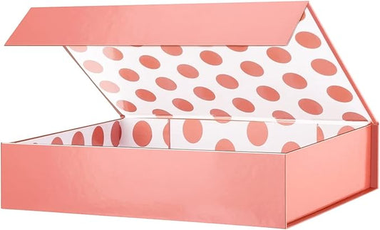 GREEN BEAN Gift Box 11x7.8x2.3 Inches, Rose Gold Gift Box with Lid for Presents, Magnetic Shirt Gift Boxes for Clothes (Glossy Metallic Rose Gold, Polka Dot Design Inside)