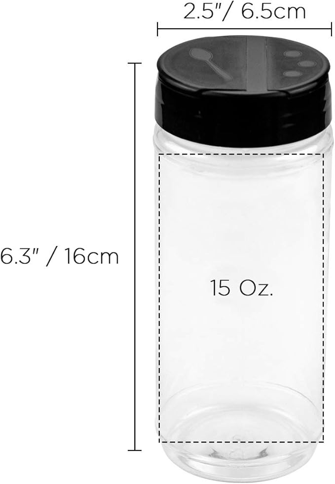 Foraineam 16 Pack 15 oz Plastic Spice Jars Containers Bottles with Black Flip Cap To Pour Or Sifter Shaker, Perfect for Storing Spice, Powders and Herbs