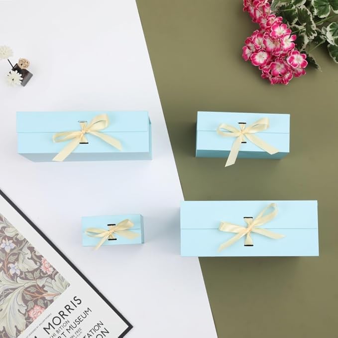 Small Gift Boxes with Lids 5 Pack 6X6X3 Inch Blue Gift Box with Ribbon Christmas Gift Box Foldable Gift Boxes for Presents、Graduation、Birthdays，Shredded Paper Filler & Cards