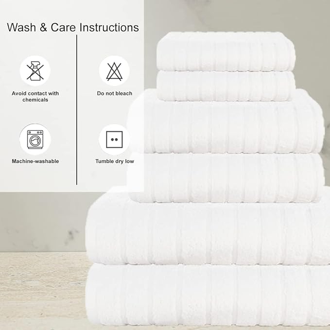 CASA COPENHAGEN Ecstatic 6 Pieces Towel Set- White, 600 GSM 2 Bath Towel 2 Hand Towel 2 Washcloth, Designed in Denmark Made of Soft Egyptian Cotton for Bathroom, Kitchen & Shower