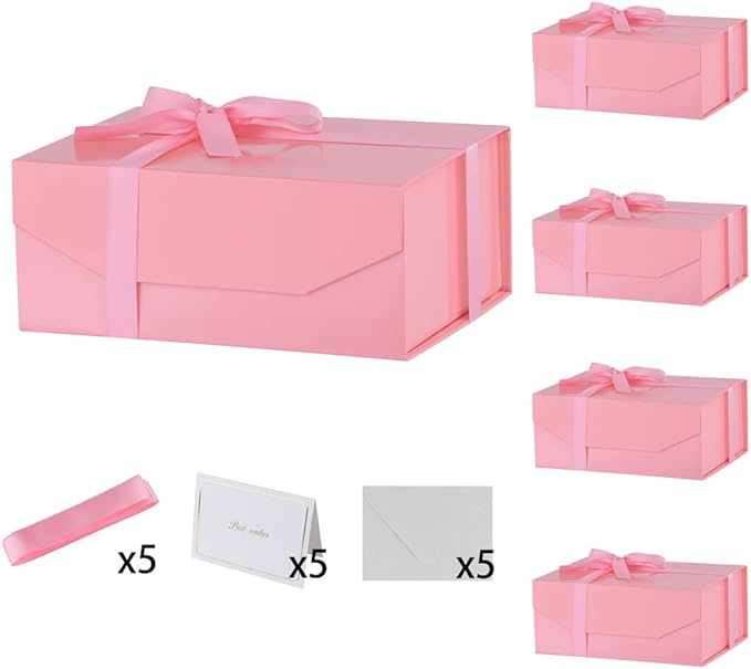 5PCS Pink Gift Box with Ribbon 9.5x7x4 Inches，Sturdy Gift Box with Lid for Gift Packaging, Foldable Magnetic Closure Storage Boxes, Bridesmaid proposal box, Rectangle Collapsible Box