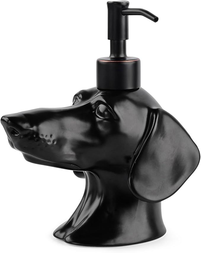 Dachshund Dog Shaped Soap/Lotion/Hand Sanitizer Weiner Ceramic Stainless Steel Pump Dispenser Gift for Dog Lover, Refillable for Kitchen and Bathroom(Black)