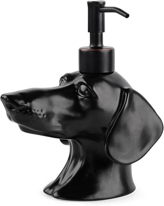 Dachshund Dog Shaped Soap/Lotion/Hand Sanitizer Weiner Ceramic Stainless Steel Pump Dispenser Gift for Dog Lover, Refillable for Kitchen and Bathroom(Black)