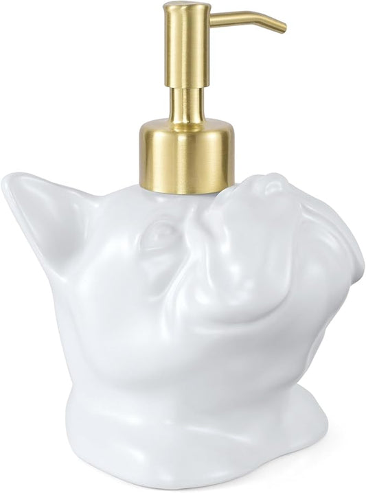 French Bulldog Shaped Soap/Lotion/Hand Sanitizer Bulldog Ceramic Stainless Steel Pump Dispenser Gifts for Lover, Refillable for Kitchen and Bathroom(White)