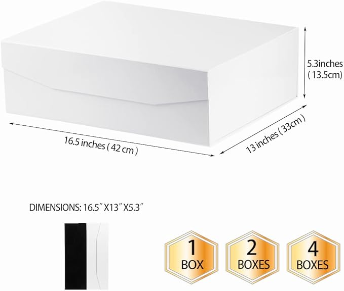 White Extra Large Gift Box with Lid 2 Pcs 16.5 x 13 x 5.3 Inches, Gift Box large White Gift Boxes for Presents Clothes Robe Wedding Dress Sweater,Reusable Foldable Bridesmaid Proposal Box（Glossy）