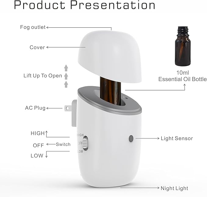 Essential Oil Diffuser, Plug in Waterless Diffuser with Night Light Small Aroma Diffuser Scent Air Machine, Compatible with 10ml of 100% Pure Essential Oil, Aromatherapy Diffusers for Home, Office