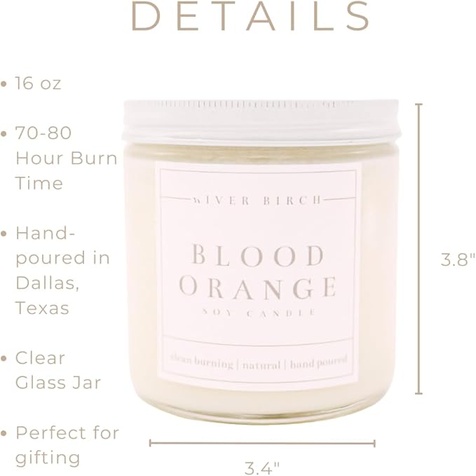 River Birch Candles Blood Orange Scented Candle | Premium, All-Natural, Non-Toxic, Soy Candles | 16oz 90 Hr Burn Time | Cozy Relaxing Gifts for Home