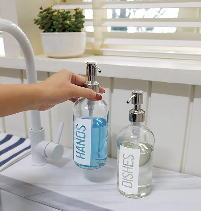 JASAI 2Pack 18OZ Glass Soap Dispenser with Rustproof 304 Stainless Steel Pump, Kitchen Soap Dispenser for Hands & Dishes (White)