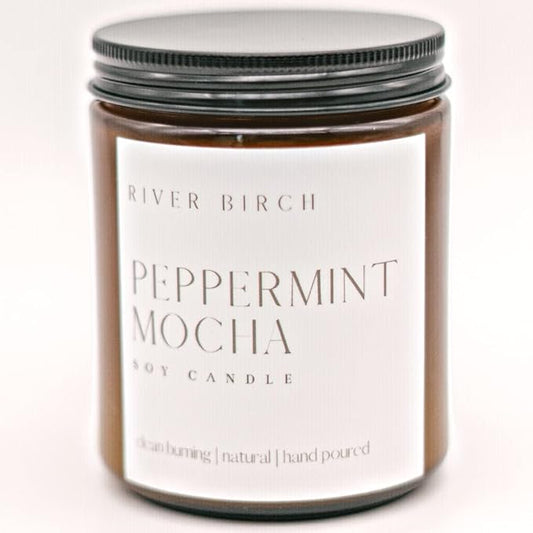 River Birch Candles Peppermint Mocha Scented Candle | Premium, All-Natural, Non-Toxic, Soy Amber Candles | 8.5oz 40 Hr Burn Time | Cozy Relaxing Gifts for Home