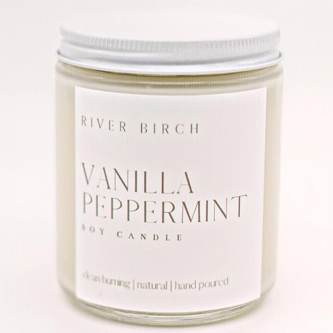 River Birch Candles Vanilla Peppermint Scented Candle | Premium, All-Natural, Non-Toxic, Soy Candles | 8.5oz 40 Hr Burn Time | Cozy Relaxing Gifts for Home