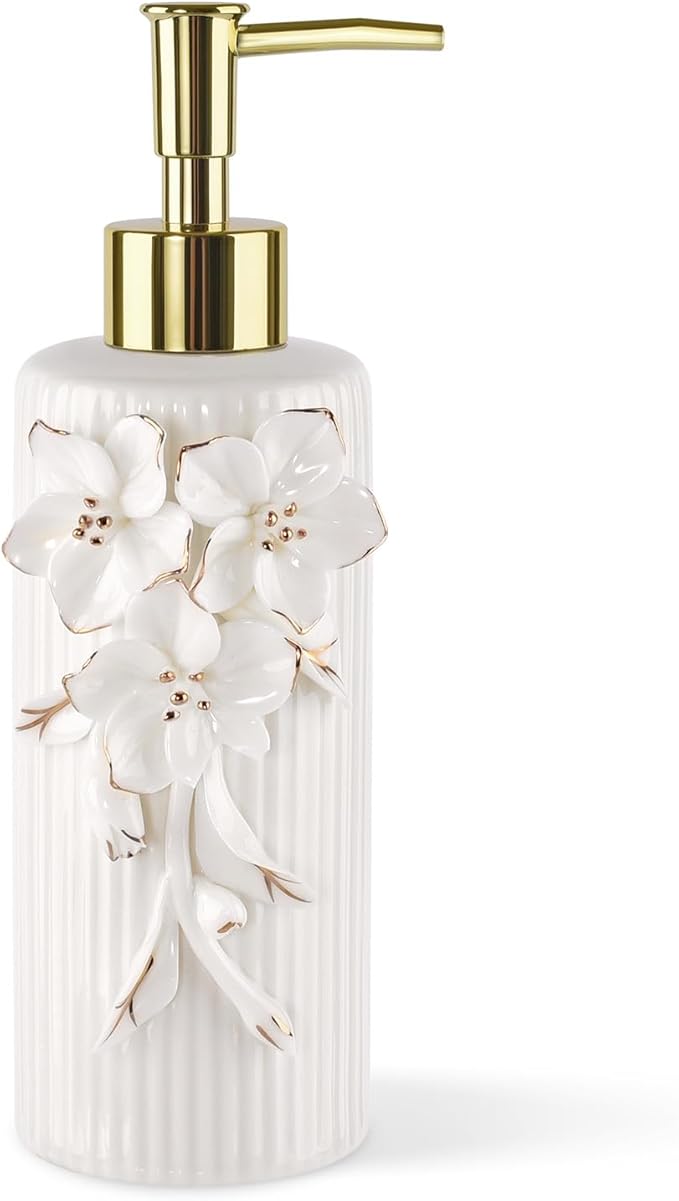 Handmade Ceramic Flower Soap Pump Dispenser Hand Lotion Liquid Dispenser Refillable for Kitchen and Bathroom Decorative (Flower Gold)