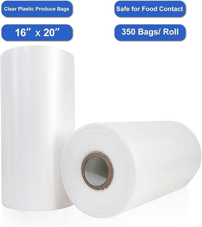 LabelMore 16'' x 20'' Plastic Produce Bags on a Roll, Clear, Food Storage Bags for Bread, Vegetable, Fruits and Meat, 350 Bags/Roll, 1 Roll