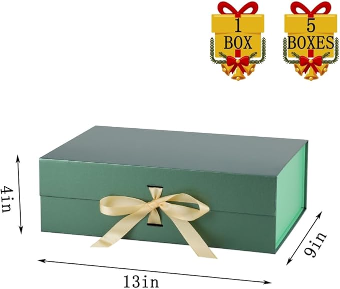Skivra Large Green Gift Box with Ribbon - 1 Pack, 13x9x4 Inch Rectangle Collapsible Luxury Gift Box for Presents with Magnetic Closure and Shredded Paper Filler & Card