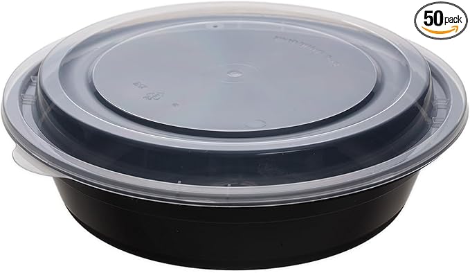 Meal Prep Containers with Lids, Round Shape, 50 Packs (100 Pieces) 16 Oz, Black Color, Meal Bowls, Round To Go Containers, BPA-Free, Freezer & Dishwasher Safe