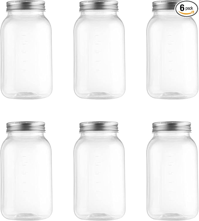 novelinks 32 oz Plastic Food Storage Jars with Metal Lids – 6 Pack BPA-Free Clear Airtight Containers for Pantry, Spices, Snacks, Kitchen & Bathroom Organization – Leak-Proof Reusable Jars (Silver)