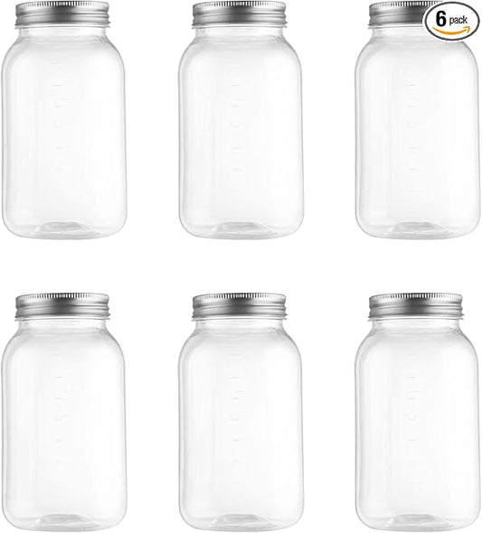 novelinks 32 oz Plastic Food Storage Jars with Metal Lids – 6 Pack BPA-Free Clear Airtight Containers for Pantry, Spices, Snacks, Kitchen & Bathroom Organization – Leak-Proof Reusable Jars (Silver)