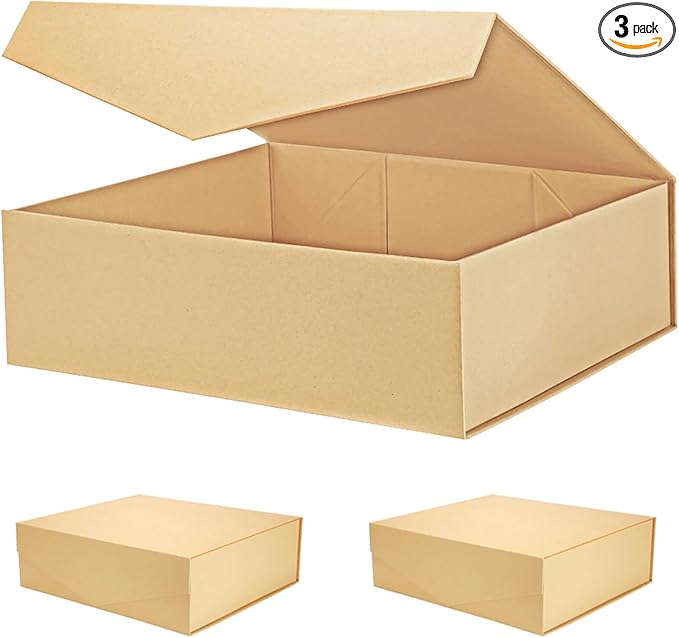 PACKHOME 17x14.5x5.5 Inches, 3 Extra Large Gift Boxes with Lids, Magnetic Closure Boxes for Clothes and Large Gifts (Kraft)