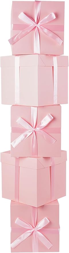 Jaywayang 8.7" Medium Square Gift Boxes with Lids, Ribbons and Tissue Papers, Birthday Gift Boxes - 5 Pcs (Pink), Wedding, Anniversaries, Mother's Day, Party Favor Boxes