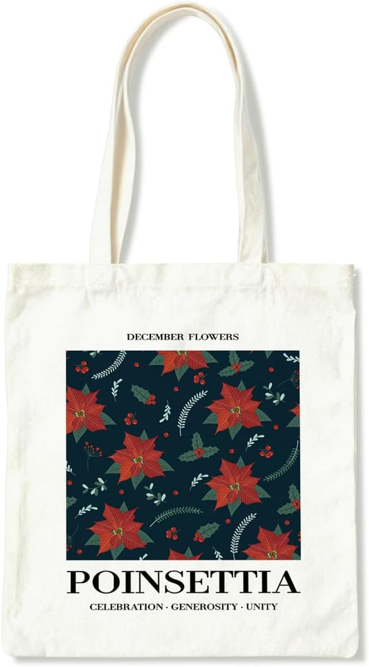 Flower Canvas Tote Bag, December Poinsettia Reusable Shoulder Bags, Christmas Gifts to Sister and Friends, Casual Canvas Totes for Work Traveling, Holiday Gift Bags for Wrap Storage