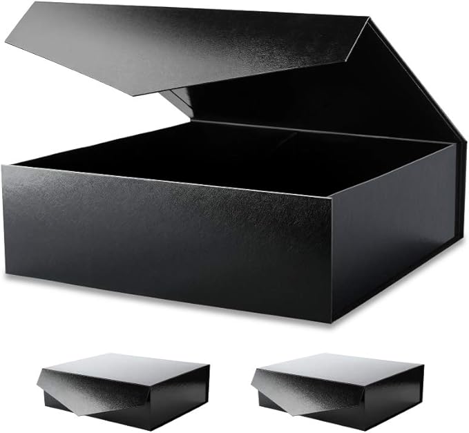 BLK&WH 3 Extra Large Gift Boxes with Lids 16.3x14.2x5 Inches, Black Gift Boxes for Clothes and Large Gifts (Glossy Black with Grass Texture)