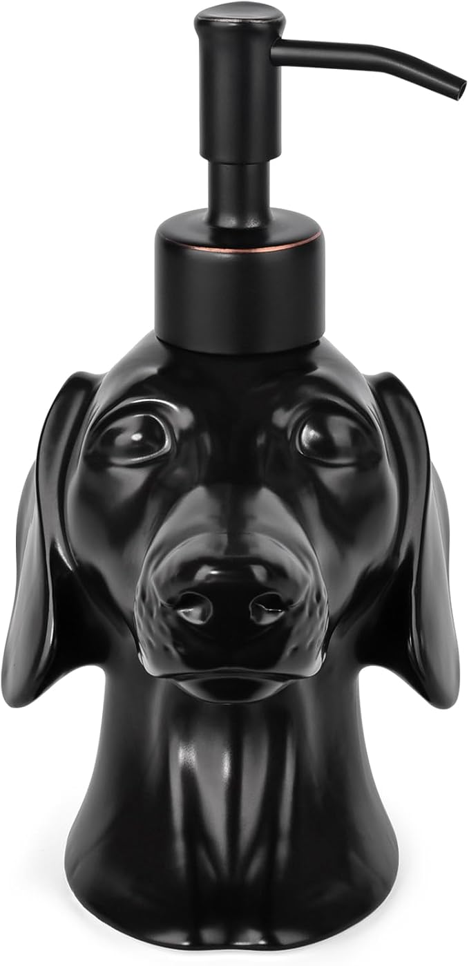 Dachshund Dog Shaped Soap/Lotion/Hand Sanitizer Weiner Ceramic Stainless Steel Pump Dispenser Gift for Dog Lover, Refillable for Kitchen and Bathroom(Black)