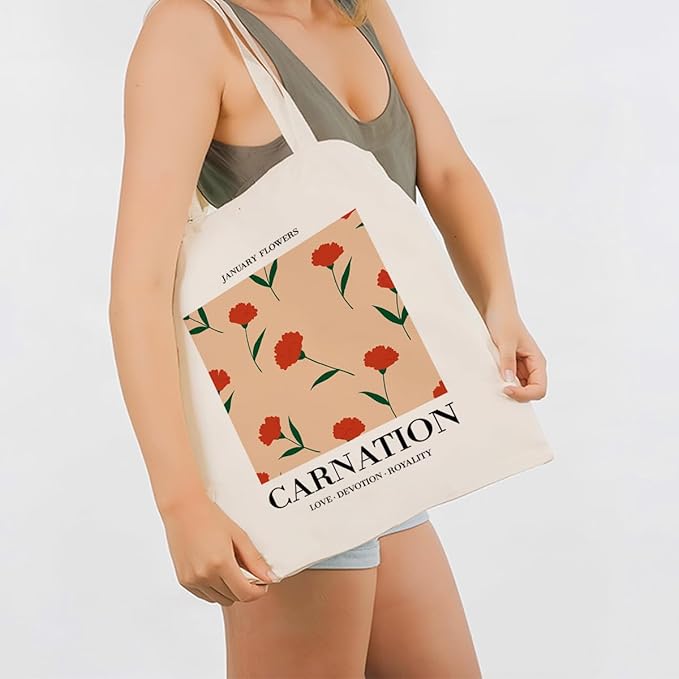 Flower Canvas Tote Bag, Carnation Printing Reusable Shoulder Bags, Gifts to Friends and Family, Holiday Gift Bags for Wrap Storage, Casual Canvas Totes for Work Traveling