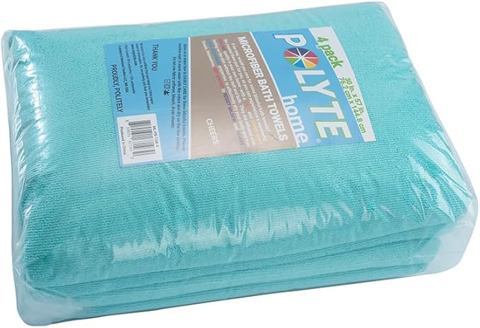 POLYTE Microfiber Quick Dry Lint Free Bath Towel, 57 x 30 in, Pack of 4 (Aqua)