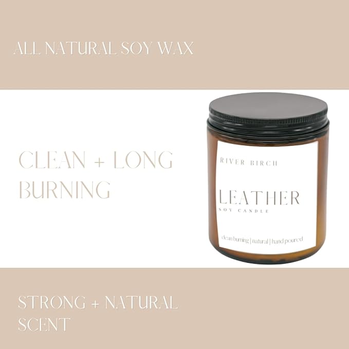 River Birch Candles Leather Scented Candle | Premium, All-Natural, Non-Toxic, Soy Amber Jar Candles | 8.5oz 40 Hr Burn Time | Cozy Relaxing Gifts for Home
