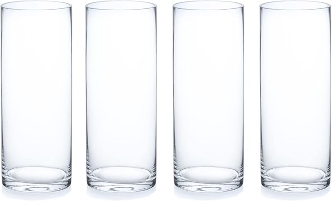 Enova Floral Clear Glass Flower Vase, 4W x 10H Inches Round Flower Vase, Pillar Candle Floating Candle Holders, Tall Cylinder Glass Vase for Flowers, Glass Vase for Home Decor, Wedding (Pack 4)