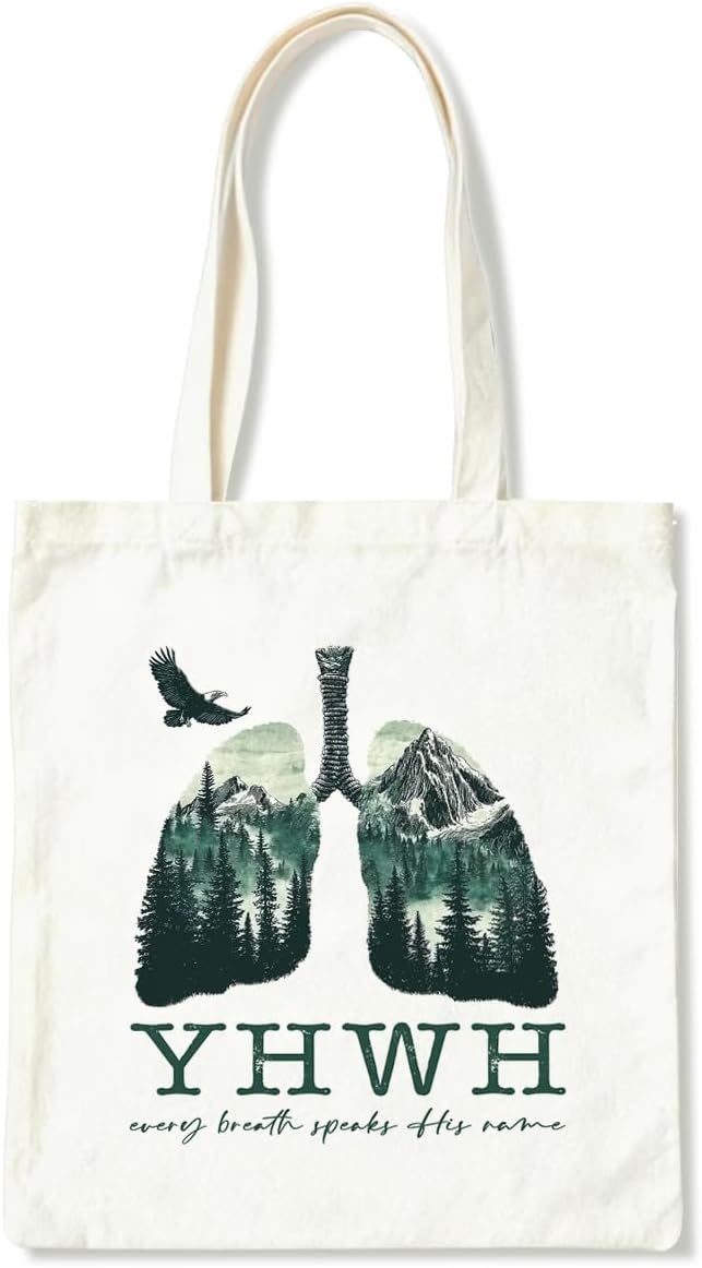 Christian Canvas Tote Bag, YHWH Every Breath Speaks His Name Tote Bag, Christian Canvas Totes for Work Traveling, Reusable Grocery Shoulder Shopping Bags, Christmas Gifts to Women Friends