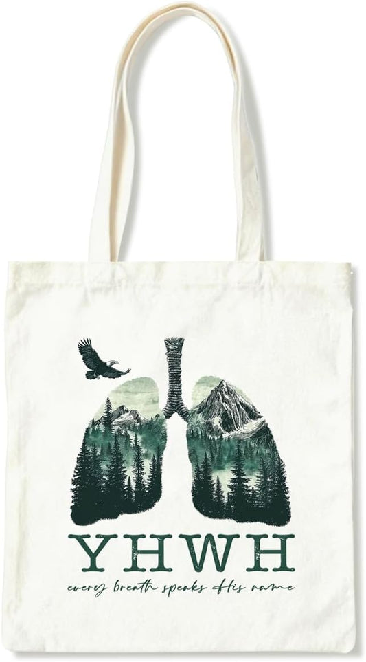 Christian Canvas Tote Bag, YHWH Every Breath Speaks His Name Tote Bag, Christian Canvas Totes for Work Traveling, Reusable Grocery Shoulder Shopping Bags, Christmas Gifts to Women Friends