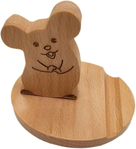 Wooden Desktop Phone Holder Cartoon Mouse Design Portable Stand for Smartphones Tablets Sturdy Ergonomic Viewing for Office Kitchen Nightstand