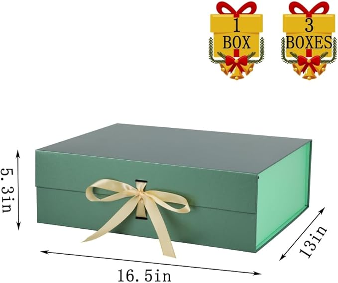 Extra Large Magnetic Gift Box with Lids 3 Pack 16.5X13X5.3 Inch Green Large Gift Box with Ribbon Christmas Gift Boxes for Presents with Shredded Paper Filler & Cards