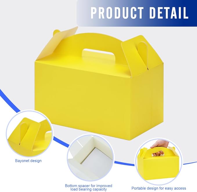 24Pack Large Party Favor Boxes,Yellow Treat Boxes,XiePiPiPaper(9.45*5*5"),Large Goodie Boxes, Gable Gift Boxes with Handles,Candy Boxes for Kids Birthday Baby Shower Wedding Halloween Christmas.