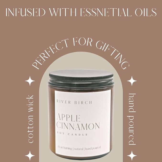 River Birch Candles Apple Cinnamon Scented Candle | Premium, All-Natural, Non-Toxic, Soy Amber Jar Candles | 8.5oz 40 Hr Burn Time | Cozy Relaxing Gifts for Home