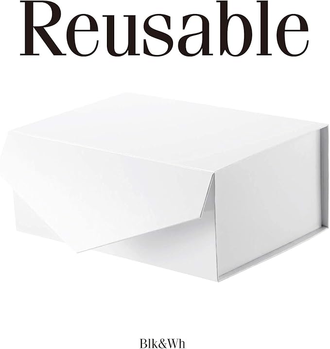 BLK&WH Gift Box 9x6.5x3.8 Inches, White Gift Box, Bridesmaid Proposal Box, Collapsible Box with Magnetic Closure Lid for Gift Packaging (Glossy White)