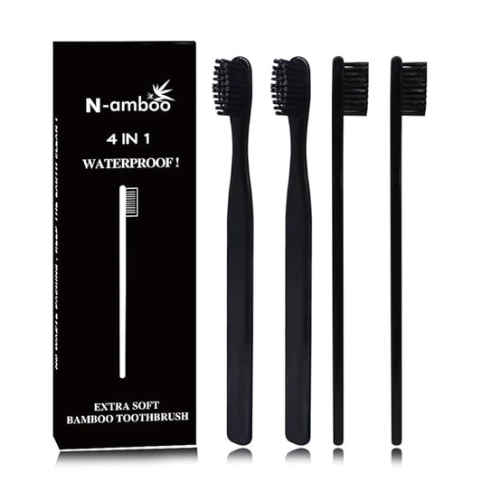 Bamboo Toothbrush Soft Bristles Manual Adult Toothbrush Pack of 4 Painted Black