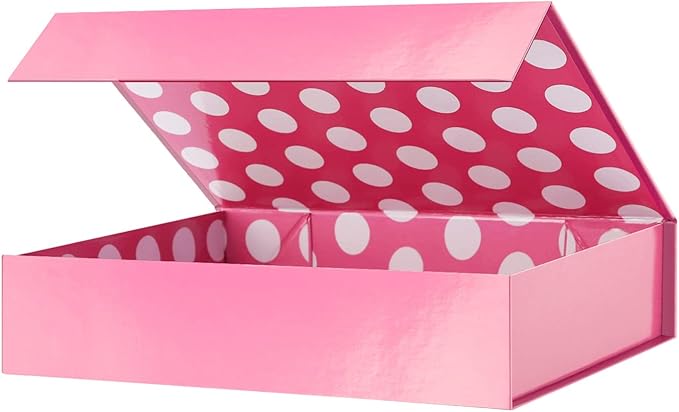 GREEN BEAN Gift Box 11x7.8x2.3 Inches, Pink with Lid for Presents, Magnetic Closure Gift Box, Shirt for Clothes (Glossy Metallic Pink, Polka Dot Design Inside)