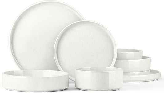 Stoneware Dinnerware Sets for 2, Onader Speckled Plates and Bowls, 8 Pieces Ceramic Dish Dinner Set with Pasta Bowl, Microwave & Dishwasher Safe - Cloud White