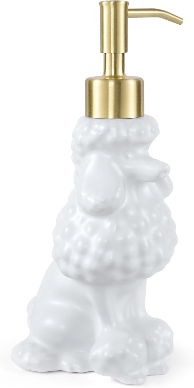 Poodle Shaped Soap/Lotion/Hand Sanitizer Ceramic Dog Lover Stainless Steel Pump Dispenser for Dog Mom Gifts, Refillable for Kitchen and Bathroom(White)